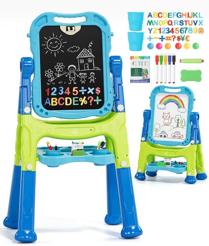 Miniatura 11 de Lehoo Castle Caballete para niños, caballete de arte para niños 4 en 1 de doble cara con pizarra blanca magnética y pizarra de tiza, caballete