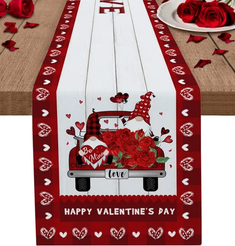 Miniatura 10 de Camino de mesa para decoración del día de San Valentín, diseño de gnomo, corazón, rojo, a cuadros, búfalo, algodón, lino, decoración de mesa