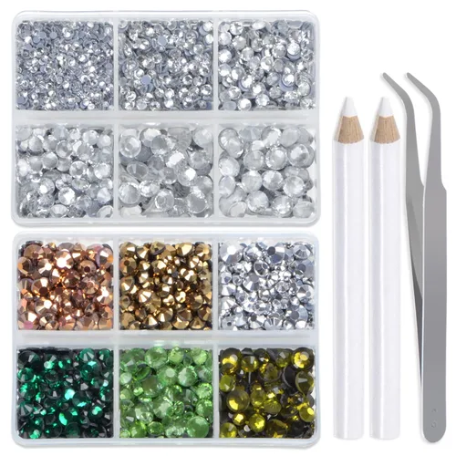 Miniatura 14 de LPBeads 6400 unidades de diamantes termoadhesivos de 12 colores con parte trasera plana, 5 tamaños mixtos, gemas de cristal redondas con pinzas