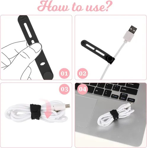 Miniatura 5 de Molain Sujetacables reutilizables, 20 correas de cable multifuncionales de silicona ajustables, organizador de cables para cables de carga