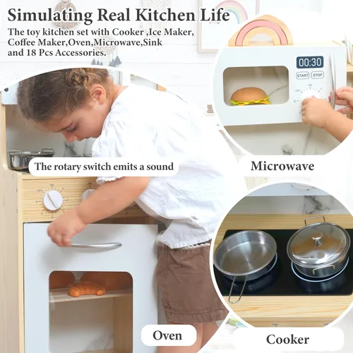 Miniatura 3 de inFUNSAME Cocina de juego de madera para niños pequeños de 3 a 5 años con sistema de almacenamiento y 18 piezas, juego de regalo de cocina compacto