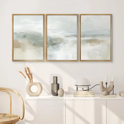 Miniatura 481 de SIGNWIN Lienzo enmarcado para pared, arte con pinceladas de flujo neutro en tonos beige abstractos, ilustraciones, arte moderno, decorativo