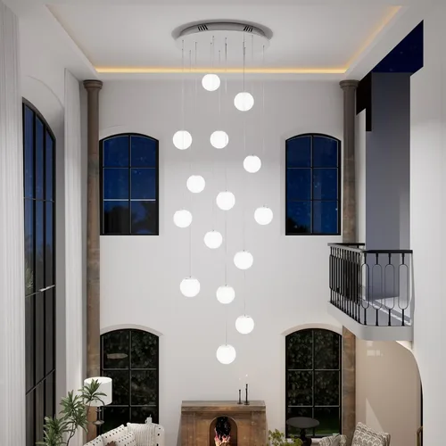 Miniatura 17 de ykolupty Escalera LED de 10 luces LED moderna con globo de cristal, lámpara colgante grande para techos altos, accesorios de iluminación de entrada