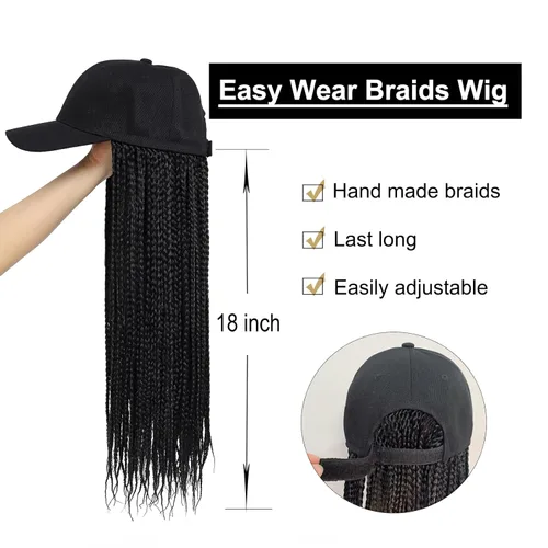Miniatura 5 de Gorra con peluca para mujeres con gorra de béisbol con cabello trenzado adjunto, peluca de trenzas en caja sintética, gorra ajustable negra con 1b