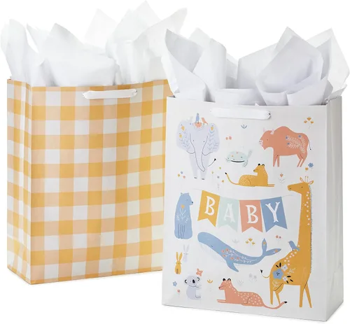 Hallmark Bolsas de regalo extra grandes de 15 pulgadas con papel de seda (2 bolsas: Baby Animals, Yellow Gingham) para baby showers, primer