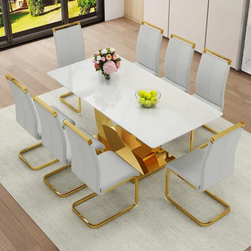 Miniatura 17 de Juego de Mesa de Comedor Negra para 6, Mesa de Comedor de Mármol Falso de 71" para 6, Juego de Mesa de Cocina Rectangular con Sillas de Cuero PU