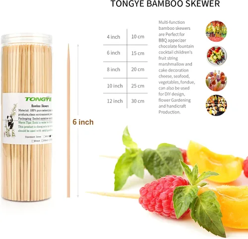 Miniatura 3 de [100 unidades] Brochetas de bambú de 6 pulgadas, pinchos de madera de primera calidad sin astillas, brochetas para parrilla, barbacoa, aperitivo