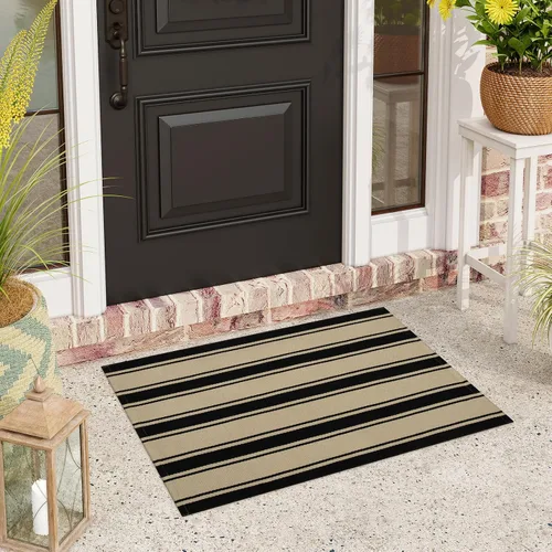 Miniatura 7 de Alfombra de lana cuadriculada para exteriores de 24 x 35 pulgadas, alfombra de algodón tejida a mano, plegable, lavable, reversible, en capas