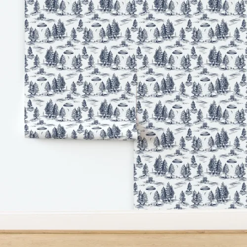 Miniatura 4 de Despegar y pegar papel pintado Swatch - UFO Toile Alien pequeña escala azul blanco espacio caprichoso papel pintado personalizado extraíble por