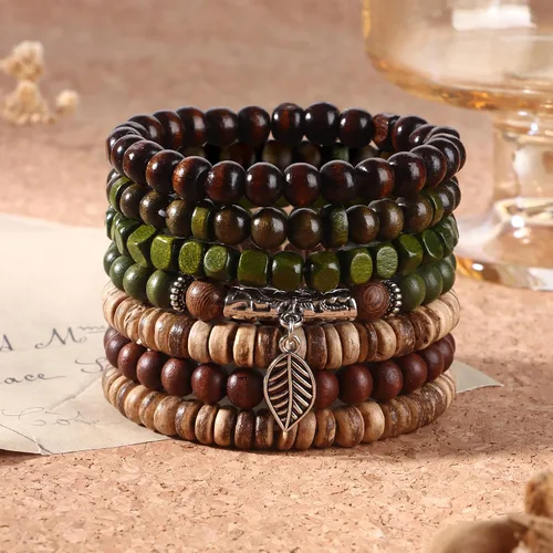 Miniatura 3 de Paquete de 43 piezas de pulseras de cuentas de madera para hombres, pulseras a granel, pulseras punk vintage ajustables góticas, set de pulseras