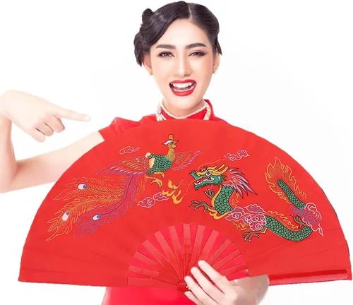 Miniatura 5 de Tbest Ventilador chino rojo, ventilador plegable de mano rojo, ventilador de lucha de artes marciales, danza, dragón de bambú + ventilador de mano