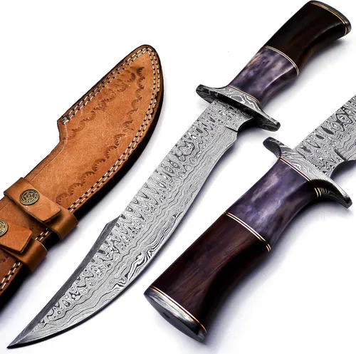 Miniatura 6 de Nooraki BK-40 Cuchillo de Caza de Acero Damasceno Hecho a Mano de 15 Pulgadas - Hermoso Mango de Madera de Palisandro, Hueso y Cuerno de Toro