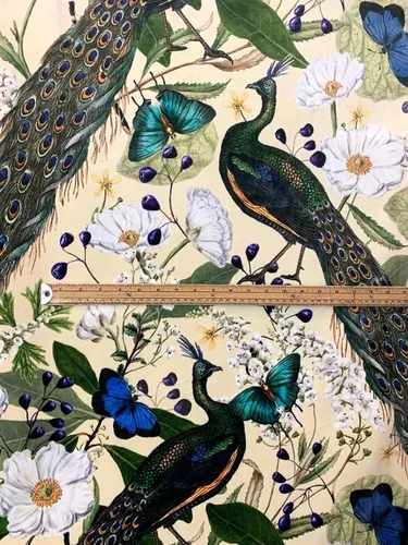 Miniatura 4 de The Meter - Tela de terciopelo de pavo real, color crema, material de costura floral de lujo, por yarda, estampado de pájaros, patrón de flores