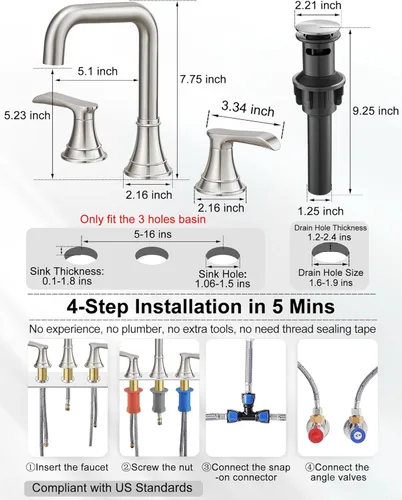 Miniatura 6 de Grifo de baño de 3 agujeros de níquel cepillado, grifo giratorio de 360 grados de 8 pulgadas, 2 asas para fregadero de baño con manguera de Mate