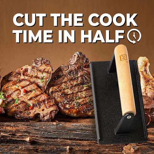 Miniatura 6 de Prensa para parrilla de hierro fundido (juego de 2) – Prensa de plancha de 2.6 libras con mango de madera de tacto frío – Pre-sazonada para carnes
