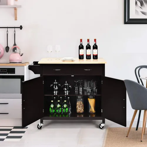 Miniatura 6 de Giantex Isla de cocina, carrito de cocina rodante, encimera de madera, carrito de servicio utilitario con armario de almacenamiento y 2 toalleros