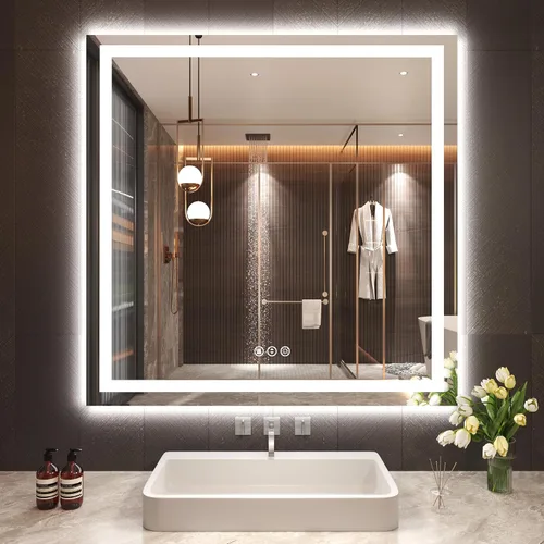 Miniatura 62 de Snowdool Espejo LED de baño, 32 x 32 pulgadas con luz frontal y retroiluminada, antivaho, espejo de tocador de baño para pared, función de memoria