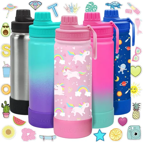 Miniatura 33 de CHILLOUT LIFE Botella de agua aislada para niños de 12 onzas para la escuela con tapa de boquilla a prueba de fugas y bonitas calcomanías Azul