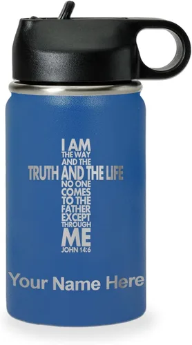 Miniatura 65 de LaserGram Botella de agua de doble pared abatible de 12 onzas con pajilla, versículo bíblico John 14-6, grabado personalizado incluido
