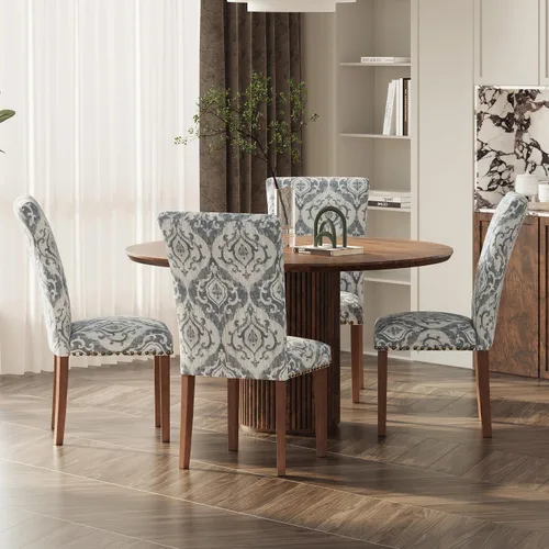 Miniatura 12 de Juego de 2 sillas de comedor de granja, respaldo alto con patas de madera y ribete de cabeza de clavo, silla de comedor de tela moderna