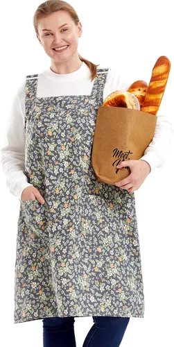 Miniatura 9 de Delantales sin lazos para mujer, talla grande, con bolsillos, de algodón, lino, para hornear, cocina, cocina