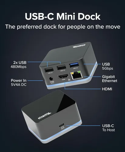 Miniatura 2 de Plugable Mini estación de acoplamiento USB-C con cable, HDMI compacta, Gigabit Ethernet y 3 puertos USB, funciona con USB-C, USB4 y Thunderbolt