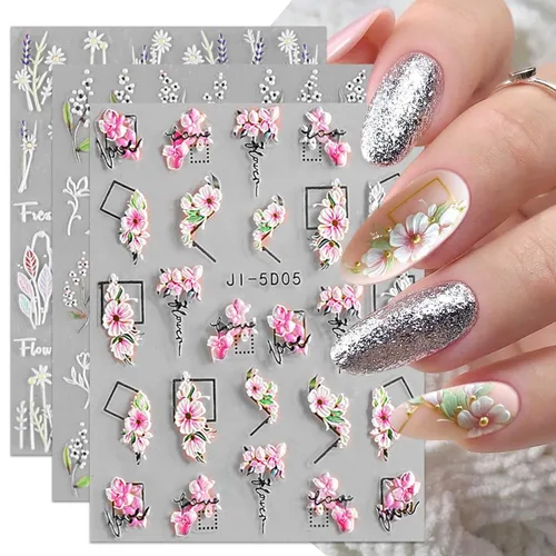 Miniatura 3 de Calcomanías de arte de uñas con hojas de flores en relieve 3D, 4 hojas 5D, pegatinas autoadhesivas para uñas, suministros de uñas de verano