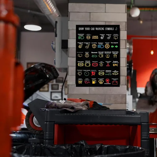 Miniatura 5 de Letrero sarcástico divertido de metal con luces de advertencia con texto en inglés "Know Your Car Warning Lights", póster para hogar, oficina