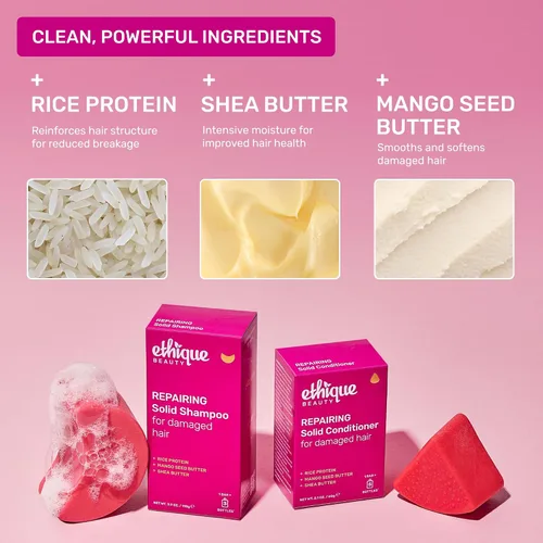 Miniatura 3 de Ethique Beauty Rice - Juego de champú y acondicionador reparador de proteínas para cabello dañado, sin plástico, vegano, sin crueldad, paquete de 2