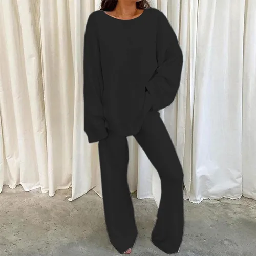 Miniatura 2 de jovati Women 2 Piece Sets Outfits Casual Long Sleeve Solid Color Tops With High Waist Pants Loose Fit Solid Pajama Sets
