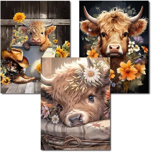 Axquilon Kits de arte de diamantes para adultos, paquete de 3 kits de pintura de diamantes de vaca de las tierras altas para adultos, 5D redondo de