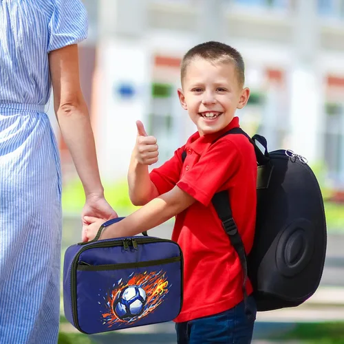 Miniatura 5 de Lonchera para niños y niñas, con aislamiento, reutilizable, hielera para niños pequeños, escuela, guardería, picnic (pelota de fútbol, azul marino)