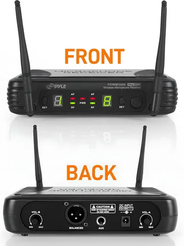 Miniatura 4 de Pyle Sistema de micrófono inalámbrico de 2 canales, juego de micrófono digital UHF portátil con 2 auriculares, 2 solapas, 2 transmisores, cable de ¼
