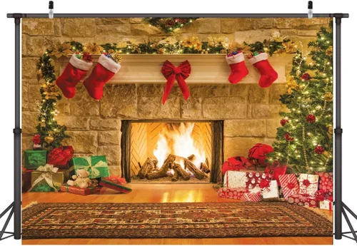 Miniatura 9 de Telón de fondo de chimenea de Navidad de 7x5 pies, telón de fondo de Navidad con árbol y calcetín, decoraciones para suministros de fiesta
