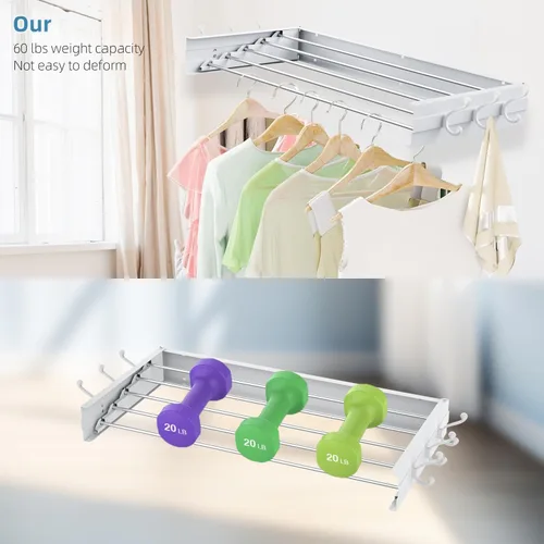 Miniatura 7 de Estante de secado de ropa, plegable, para montar en la pared, plegable, ahorro de espacio, 13.2 pies lineales, 5 varillas de aluminio, capacidad
