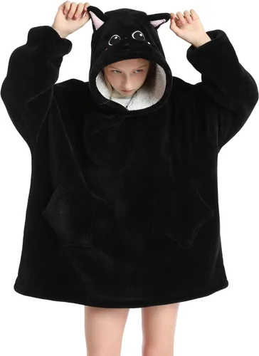 Miniatura 2 de Manta con capucha para niños, de 4 a 12 años, sudadera de animales, de gran tamaño, hecha de franela súper suave, cálida y cómoda, diseño de gato