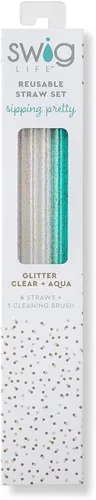 Miniatura 3 de Swig Life Juego de popotes reutilizables con purpurina transparente + popote alto Aqua y cepillo de limpieza, cada popote es de 10.25 pulgadas