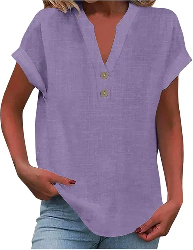 Miniatura 25 de Camisas de lino para mujer 2025 verano casual cuello en V botón abajo manga corta tops moda cómodo negocio trabajo blusas, beige (A-Beige)