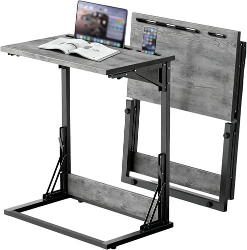 Miniatura 12 de Mesa plegable para TV, mesa de cena de TV, bandejas de TV de altura ajustable para comer en el sofá, mesa auxiliar en forma de C con ranuras