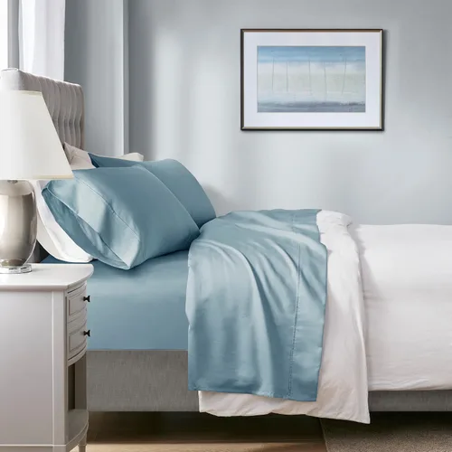 Beautyrest Juego de sábanas de 1000 hilos, color sólido, bolsillo profundo elástico, para todas las estaciones, transpirable, HeiQ Smart Azul