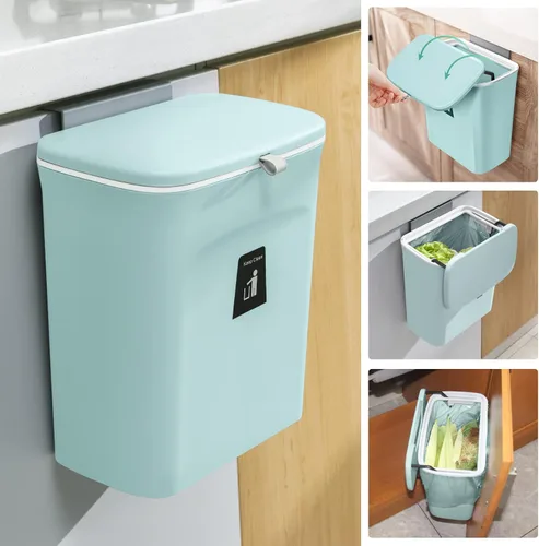 Miniatura 11 de Tiyafuro Cubo de compost de cocina de 2.4 galones para encimera o debajo del fregadero, cubo de basura pequeño colgante con tapa para armario, baño