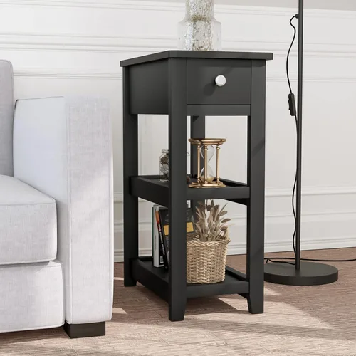 Miniatura 3 de SEJOV Mesa auxiliar estrecha, pequeña mesa auxiliar blanca con cajón y estante de almacenamiento, mesita de noche de madera para sala de estar