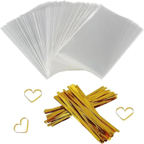 COOLAKE Bolsas transparentes pequeñas de celofán, 200 bolsas transparentes de 4 x 6 pulgadas para galletas con 200 lazos giratorios para envolver,