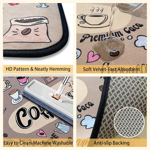 Miniatura 4 de Voanos Alfombras de Cocina de Café, Alfombrillas de Microfibra Lavables Antideslizantes para Piso de Cocina, Juego Decorativo de Alfombra Acolchada