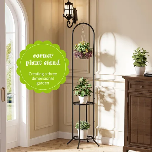 Miniatura 5 de BMOSU Soporte para plantas con ganchos para interiores y exteriores, soporte alto de metal resistente de 3 niveles para plantas, para patio, jardín