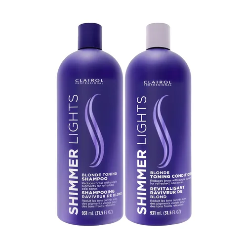 Clairol Professional Shimmer Lights - Champú y acondicionador morado | Neutraliza los tonos latones y amarillos | Para cabello rubio, plateado, gris