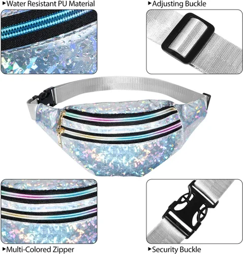 Miniatura 3 de 2 Piezas Holographic Fanny Pack Metallic Color Sport Waistbag para Mujeres Hombres Niños, Diamond Holographic Sliver and Black
