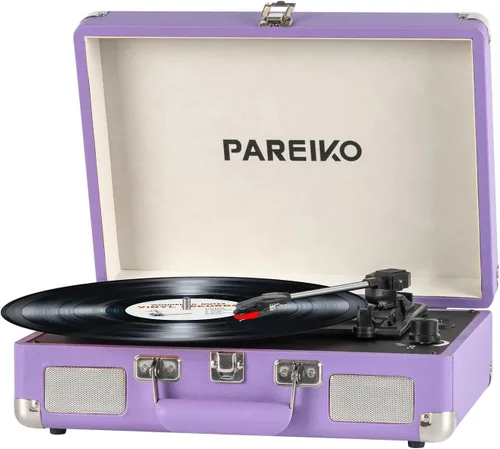 Miniatura 8 de Tocadiscos portátil con plato giratorio de 3 velocidades, conectividad Bluetooth, batería incorporada de 1800 mAh, diseño retro de maleta