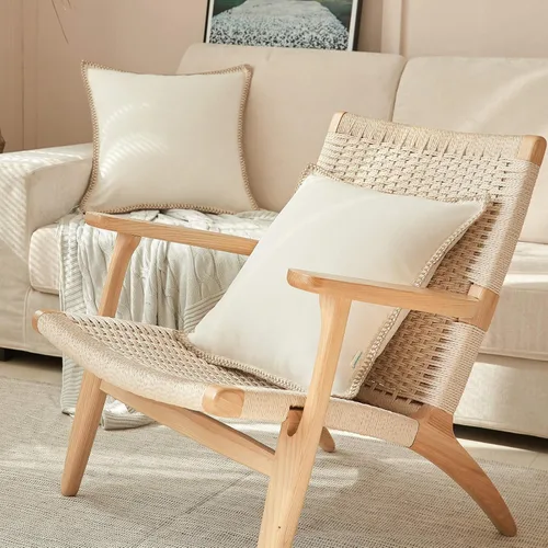 Miniatura 5 de FY FIBER HOUSE Paquete de 2 fundas de almohada decorativas de granja, lino sintético de arpillera con bordes a medida, fundas de cojín para sofá
