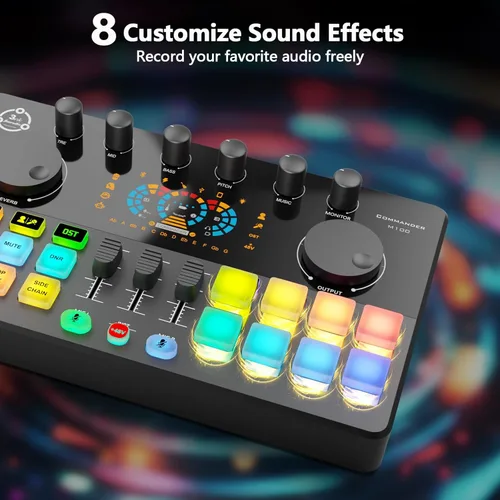 Miniatura 4 de Paquete de equipo de podcast para 2, mezclador de DJ de interfaz de audio con micrófono condensador XLR de 48 V, RGB, cambio de voz, para HS-M100-2X